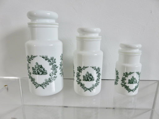 Serie van 3 apothekerspotten, apothekerspotten, opaalglas, Italië, 1960