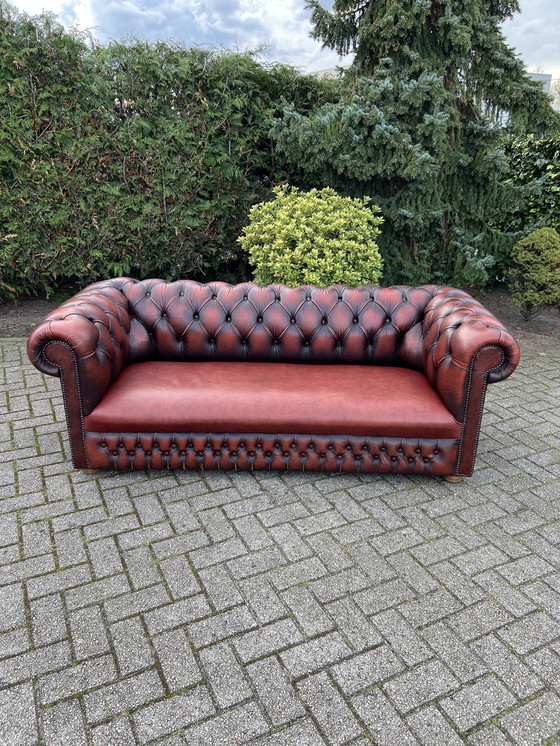 Image 1 of Chesterfield Stijl Bank Bruin Rood