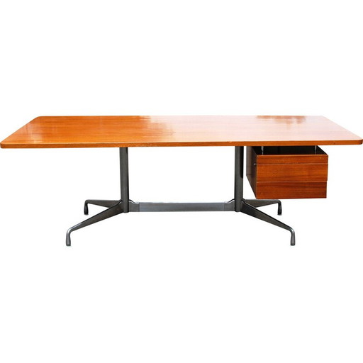 Vintage bureau in gelakt massief hout en verchroomd aluminium van Charles en Ray Eames