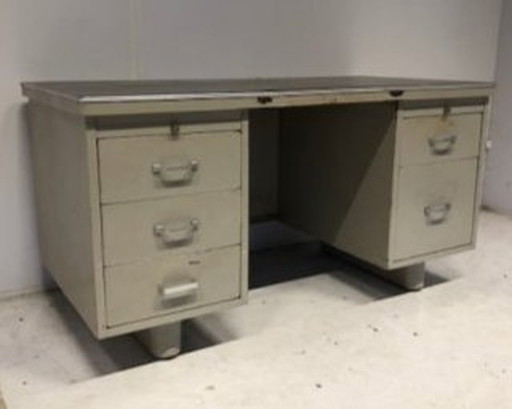 Retro Metalen Stalen Fifties Gispen Bureau Desk Dubbel Voetstuk