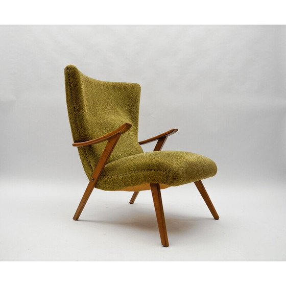 Image 1 of Vintage wingback fauteuil in hout en stof, Italië 1950