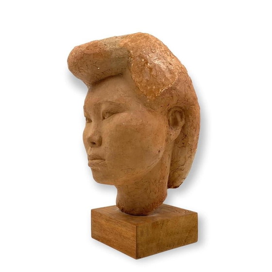 Image 1 of Vintage terracotta japans meisje Akito hoofd sculptuur van Willy Gordon, Frankrijk jaren 1940