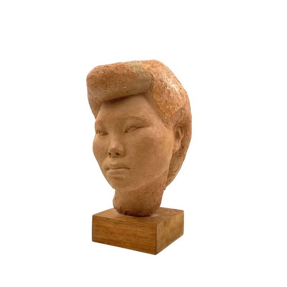 Image 1 of Vintage terracotta japans meisje Akito hoofd sculptuur van Willy Gordon, Frankrijk jaren 1940