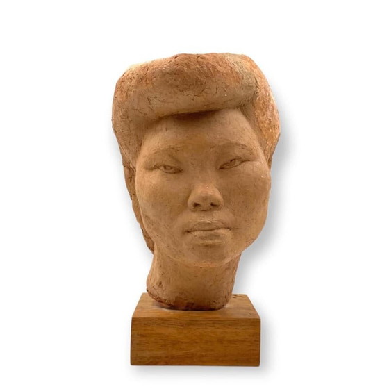 Image 1 of Vintage terracotta japans meisje Akito hoofd sculptuur van Willy Gordon, Frankrijk jaren 1940