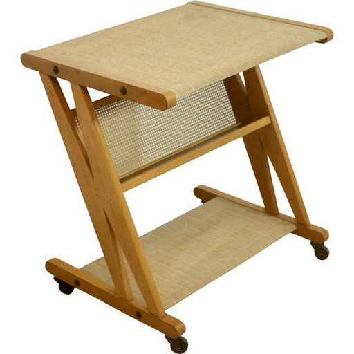 Vintage serveertafel van metaal, eikenhout en rotan voor Jullian, Frankrijk 1960