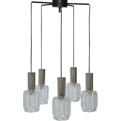 Kroonluchter, vintage waterval, 5 verchroomde en glazen hangers