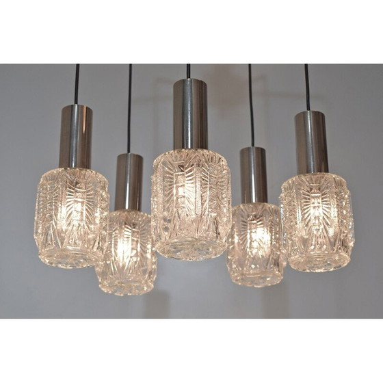 Image 1 of Kroonluchter, vintage waterval, 5 verchroomde en glazen hangers