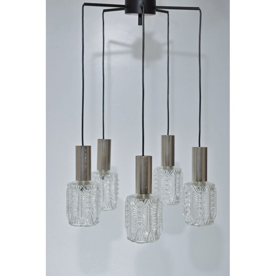Image 1 of Kroonluchter, vintage waterval, 5 verchroomde en glazen hangers