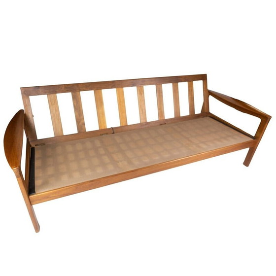 Image 1 of Vintage teakhouten driezitsbank en bekleed met zwart leer door Arne Vodder 1960