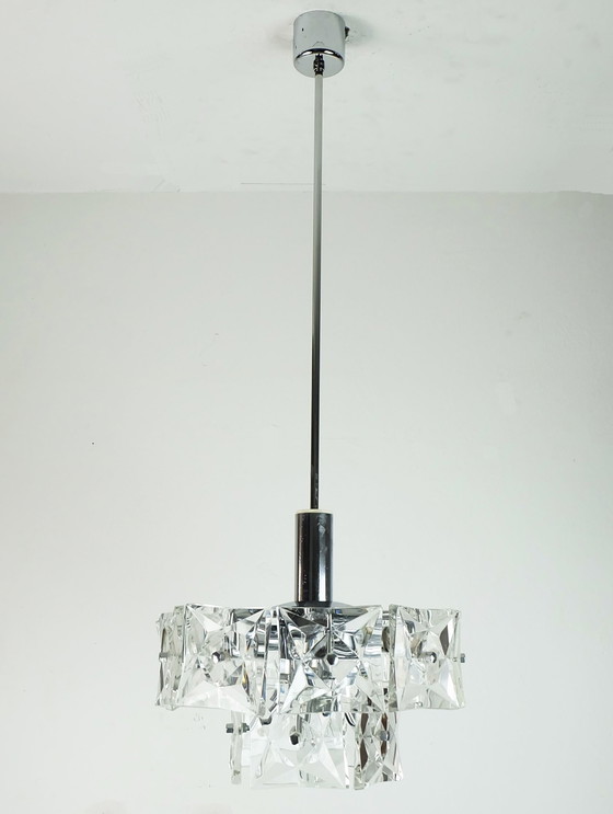 Image 1 of Elegante 2-Tier Kinkeldey Mid Century Hanglamp Kristalglas En Chroom Met 14 Glazen Prisma's 1960S