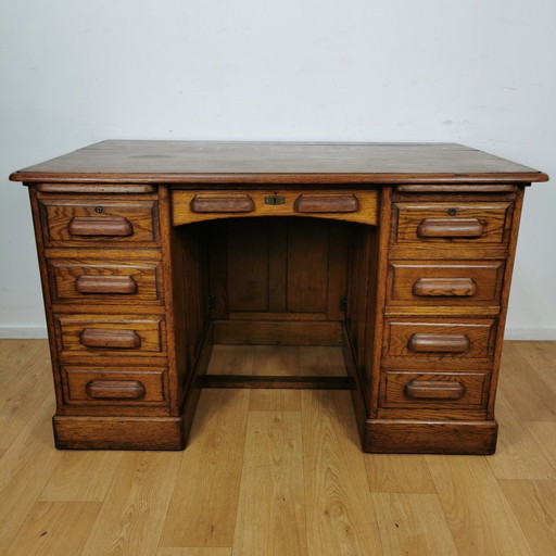 Antiek, Vintage Eiken Bankiersbureau,  Houten Bureau, Buro