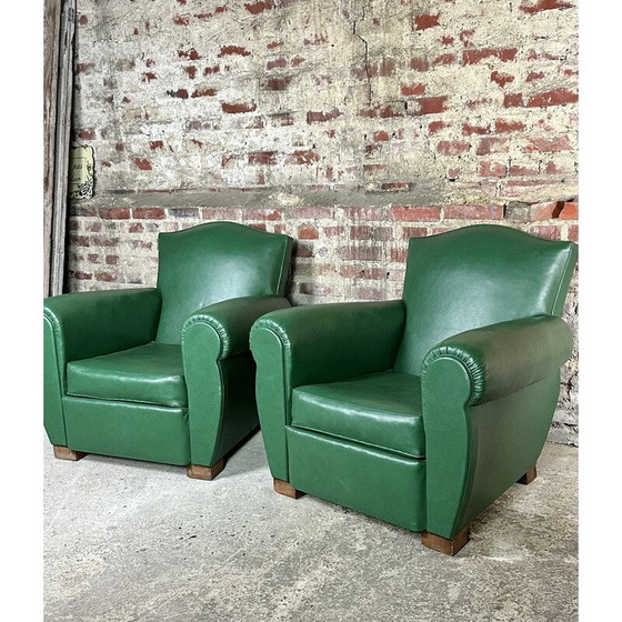 Image 1 of Paar vintage fauteuils in donkergroen skai, 1950