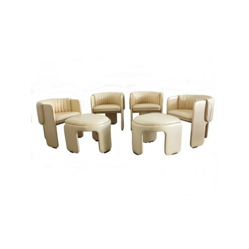 Set van 6 vintage loungestoelen met voetenbankjes van Poltrona Frau 1970