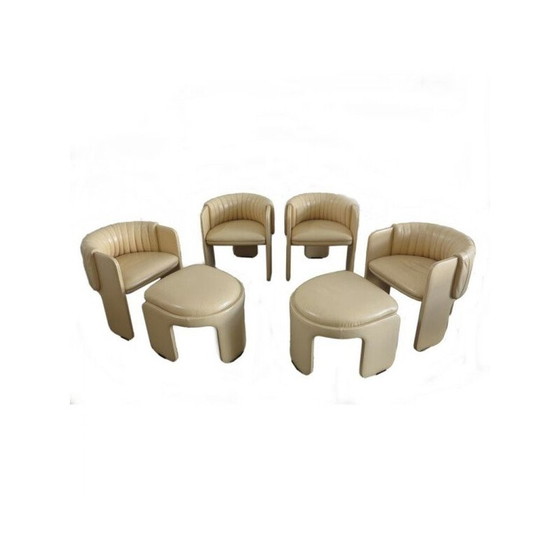 Image 1 of Set van 6 vintage loungestoelen met voetenbankjes van Poltrona Frau 1970