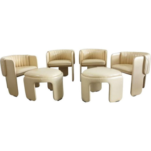 Set van 6 vintage loungestoelen met voetenbankjes van Poltrona Frau 1970