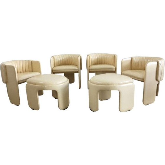 Image 1 of Set van 6 vintage loungestoelen met voetenbankjes van Poltrona Frau 1970