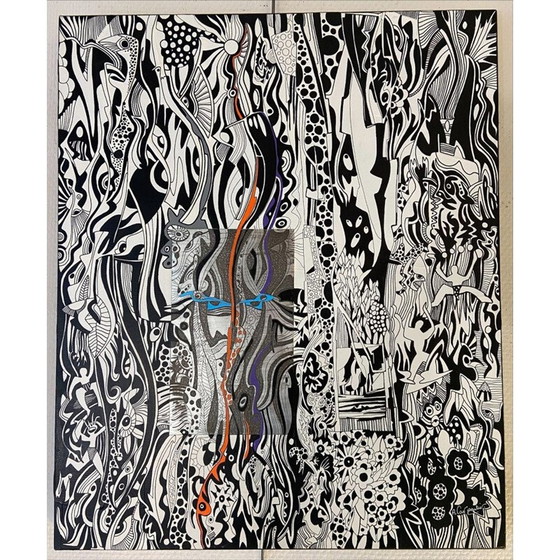 Image 1 of Acryl op vintage doek "Het masker" van Alain Carpentier