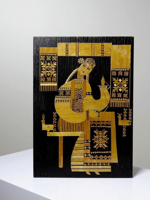 Russisch decoratief paneel Vintage stro inlegwerk jaren 70-80 "Couseuse" (naaimachine)