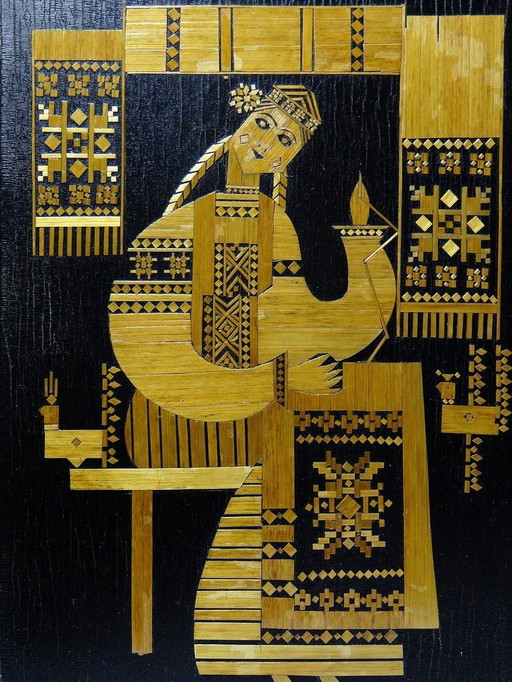 Russisch decoratief paneel Vintage stro inlegwerk jaren 70-80 "Couseuse" (naaimachine)