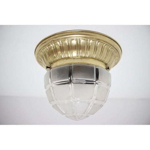 Vintage art deco plafondlamp in glas en messing, Tsjecho-Slowakije 1930