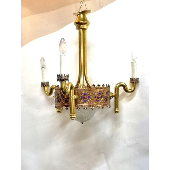 Image 1 of Vintage vergulde 3-lichts kroonluchter van Jozsef Engelsz, 1970