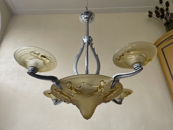 Image 1 of Lamp Hanglamp Art Deco 1930 Met Zeemeerminnen Gele Schalen Frans