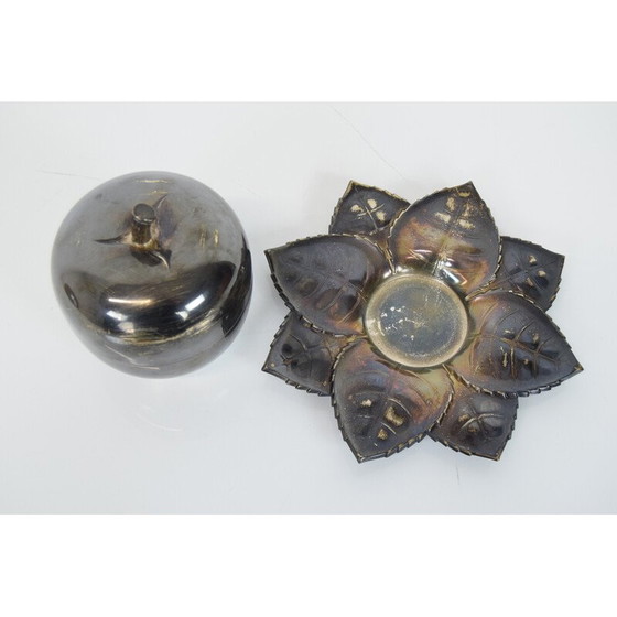 Image 1 of Vintage metalen en glazen container, Tsjecho-Slowakije 1950