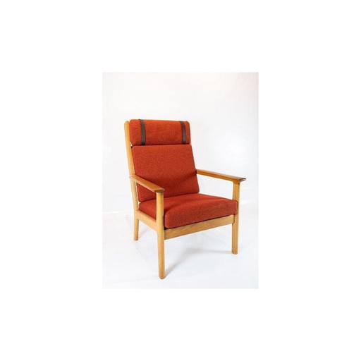 Grote vintage fauteuil in eiken en rode wollen stof van Hans J. Wegner en Getama 1960