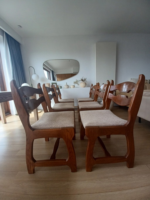 6x Vintage eetkamerstoelen van hout en stof