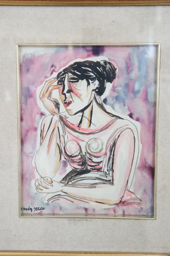 Image 1 of Portret vrouw, aquarel op papier gesigneerd Migneco