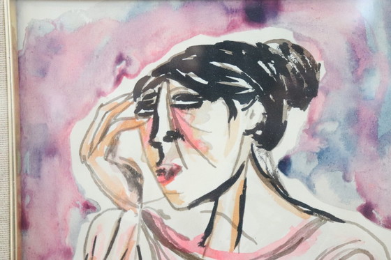 Image 1 of Portret vrouw, aquarel op papier gesigneerd Migneco