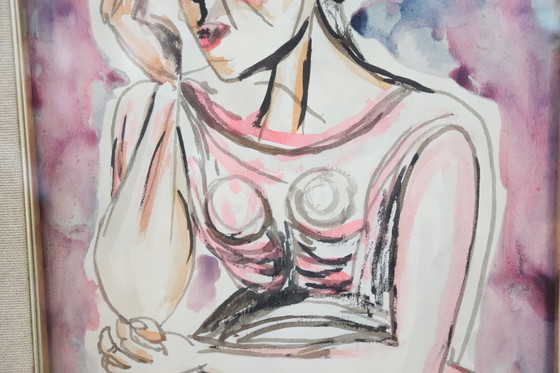 Image 1 of Portret vrouw, aquarel op papier gesigneerd Migneco