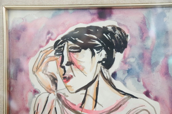 Image 1 of Portret vrouw, aquarel op papier gesigneerd Migneco