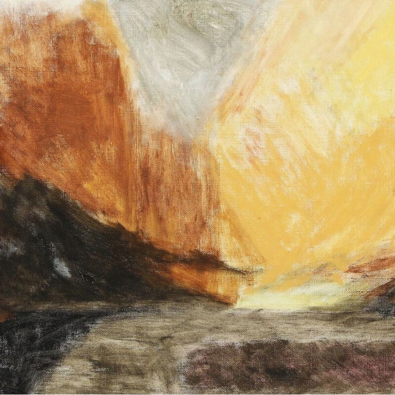 Image 1 of Olieverf op doek vintage "Mountains in Yellow" door Preben Siiger, Denemarken 1995