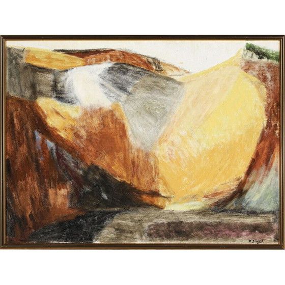 Image 1 of Olieverf op doek vintage "Mountains in Yellow" door Preben Siiger, Denemarken 1995