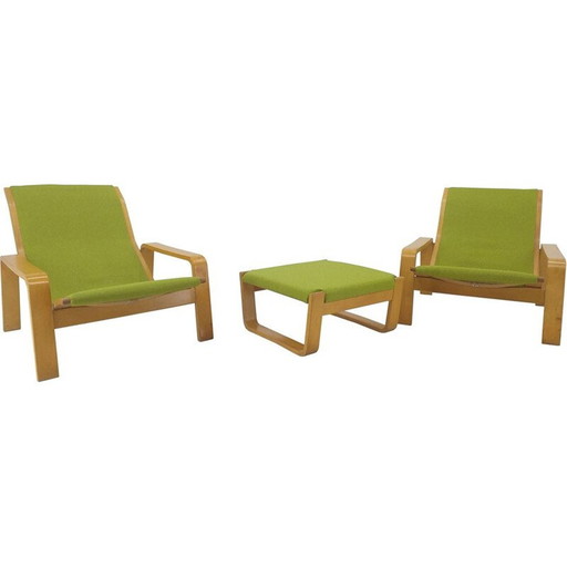 Paar vintage fauteuils en voetsteunen "Pulkka" van Ilmari Lappalainen voor Asko, Finland 1970