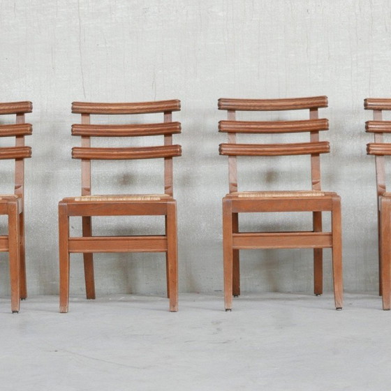 Image 1 of Set van 6 Franse eikenhouten eetkamerstoelen uit de Mid Century, 1950