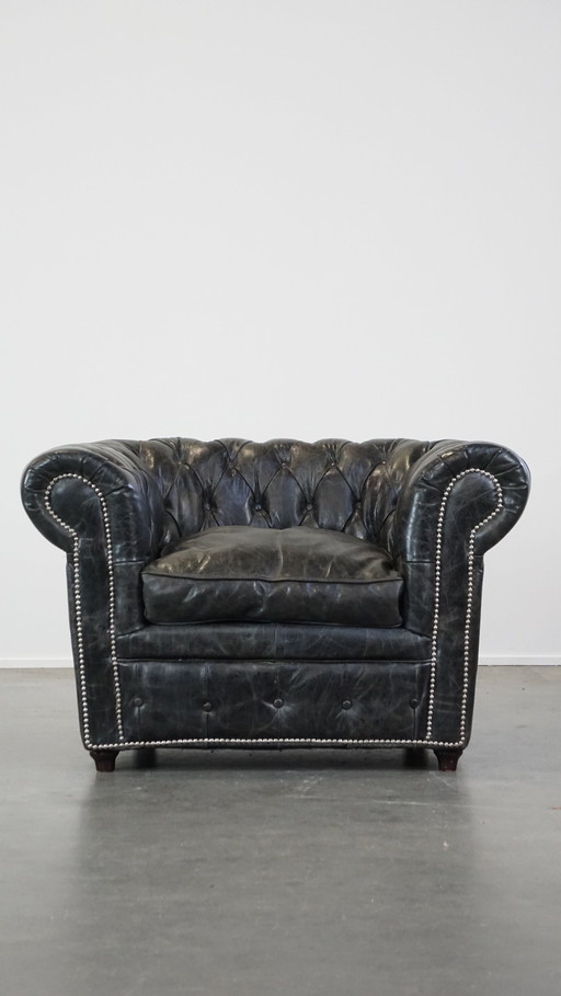 Zwarte Rundleren Chesterfield Fauteuil