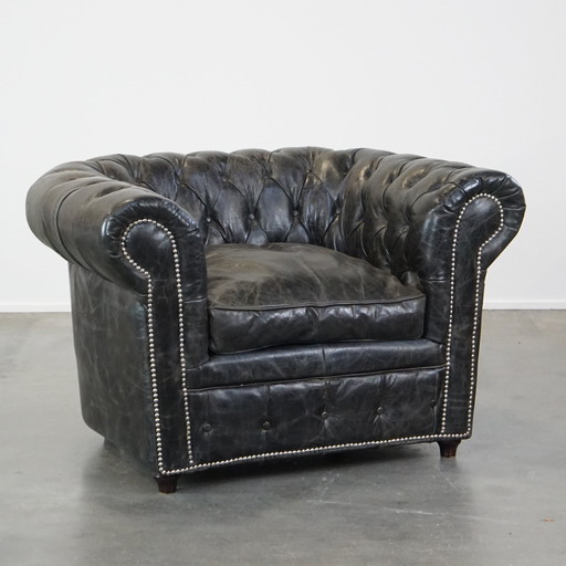 Zwarte Rundleren Chesterfield Fauteuil