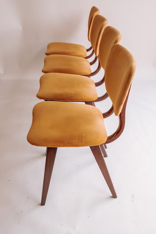 4x teak vintage eetkamerstoelen geel/gouden bekleding