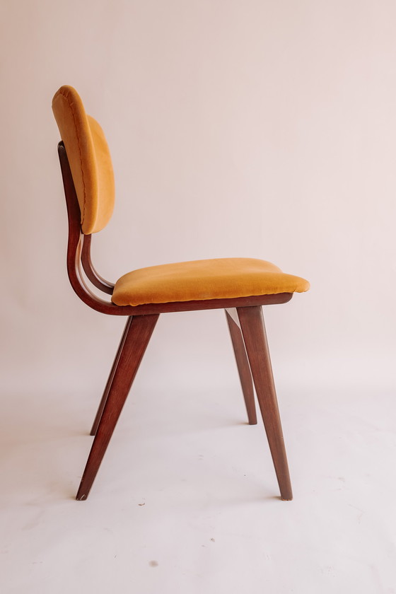 Image 1 of 4x teak vintage eetkamerstoelen geel/gouden bekleding