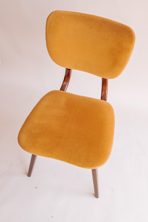 Image 1 of 4x teak vintage eetkamerstoelen geel/gouden bekleding