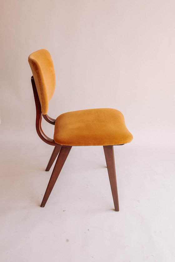 Image 1 of 4x teak vintage eetkamerstoelen geel/gouden bekleding