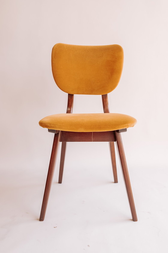 Image 1 of 4x teak vintage eetkamerstoelen geel/gouden bekleding