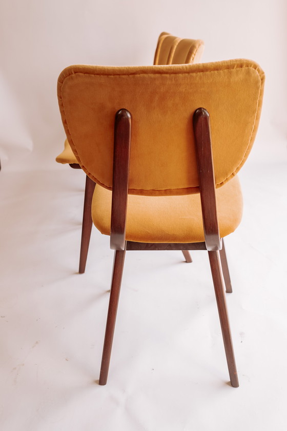 Image 1 of 4x teak vintage eetkamerstoelen geel/gouden bekleding