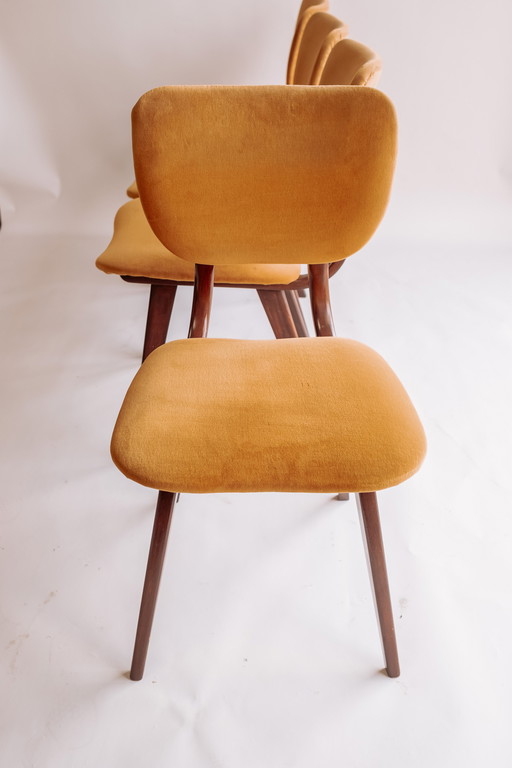 4x teak vintage eetkamerstoelen geel/gouden bekleding