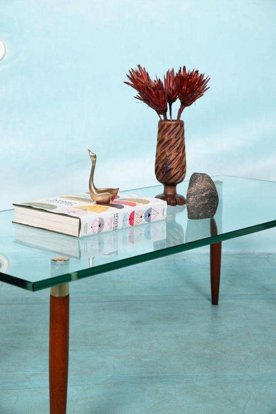 Image 1 of Vintage salontafel glas teak messing, midmod coffee table