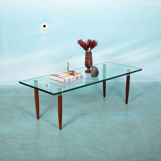 Image 1 of Vintage salontafel glas teak messing, midmod coffee table