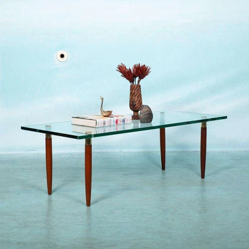 Vintage salontafel glas teak messing, midmod coffee table