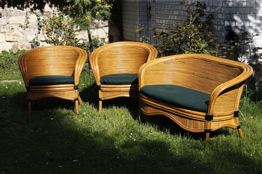 2 Fauteuils een Bank Rausch Jaar 70-80 Rieten Bamboe